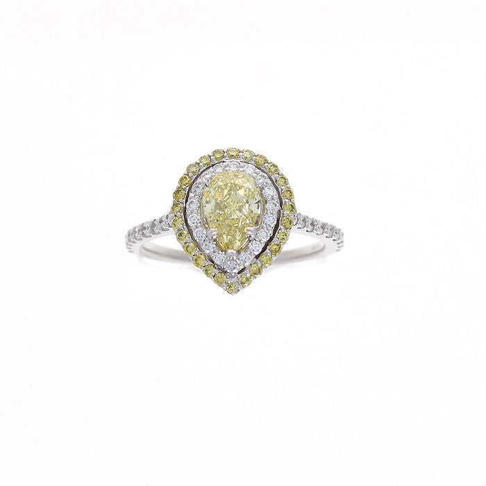 Ladies 14kt White Gold 0.83ct Pear Cut and 0.30cts Diamond and 0.19cts Yellow Diamond Engagement Ring