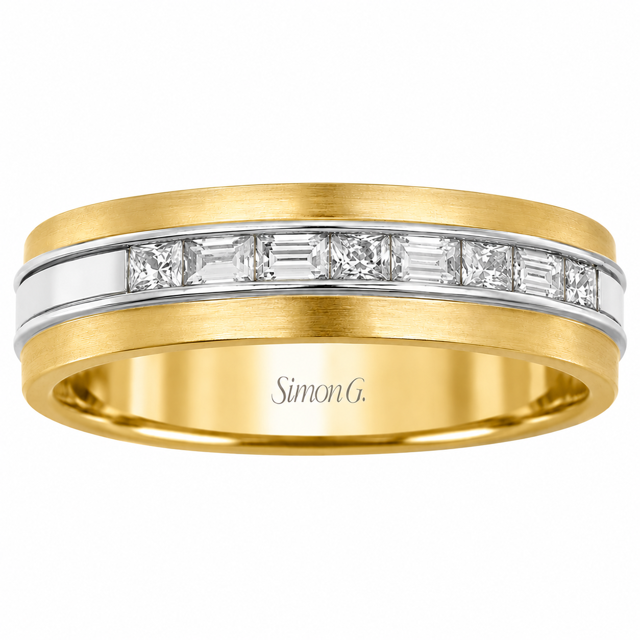 Mens 14kt Two Tone 0.54cts Baguettes and 0.39cts Princess Cut Diamond Wedding Band By Simon G
