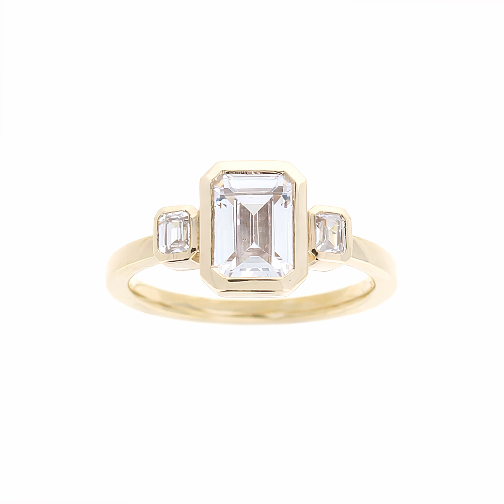 Ladies 14kt Yellow Gold Three Stone Emerald Cut Diamond Engagement Ring Sample Setting