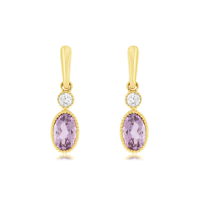 Ladies 14kt Yellow Gold 0.25ct Amethyst and Diamond Earrings