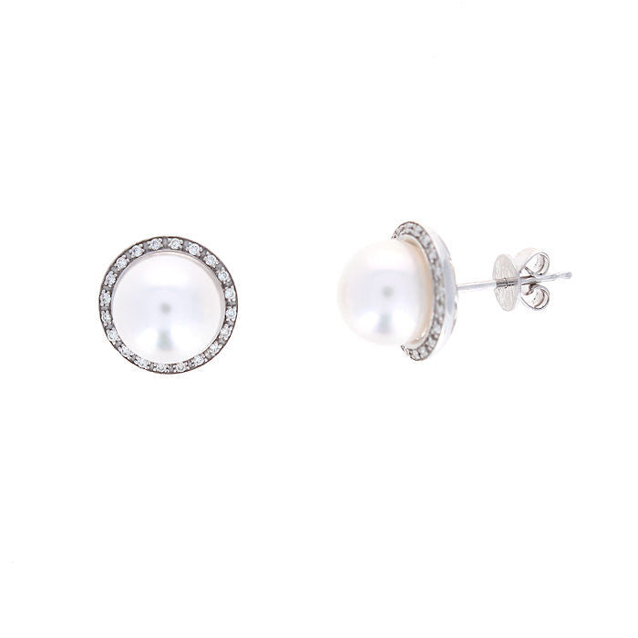 Ladies 14kt White Gold 8-8.5mm Pearl and 0.10ct Diamond Earrings