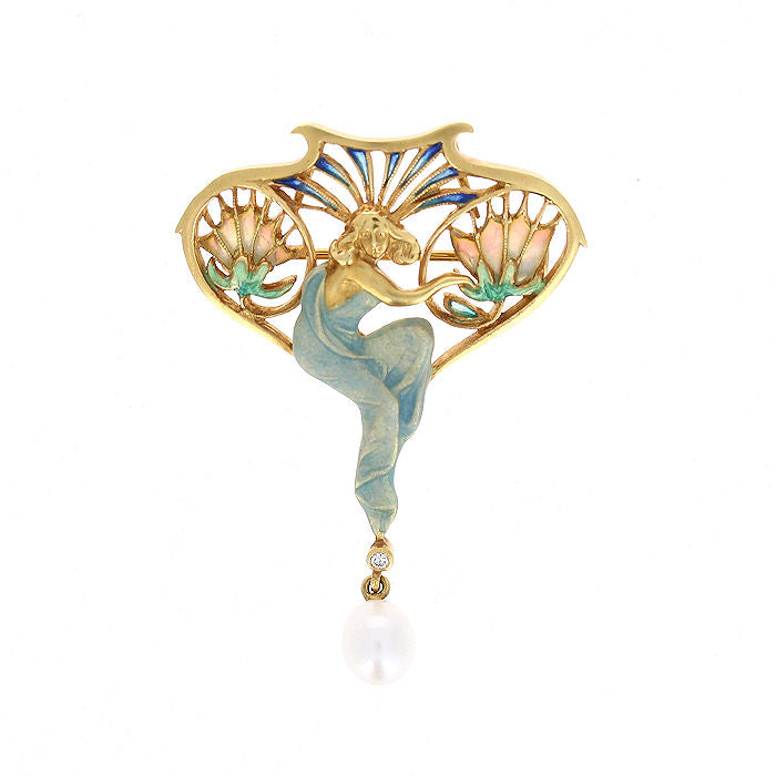 Ladies 18kt Yellow Gold 0.02ct Diamond and Pearl Nymph Pin
