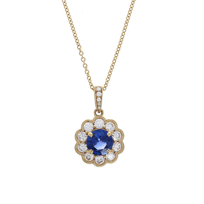 Ladies 18kt Yellow Gold 0.88ct Blue Sapphire and 0.50cts Diamond Pendant