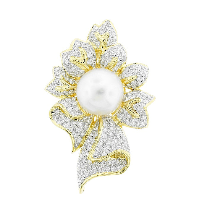 Ladies 18kt Yellow Gold Pearl and 3.00cts Diamond Brooch Pendant