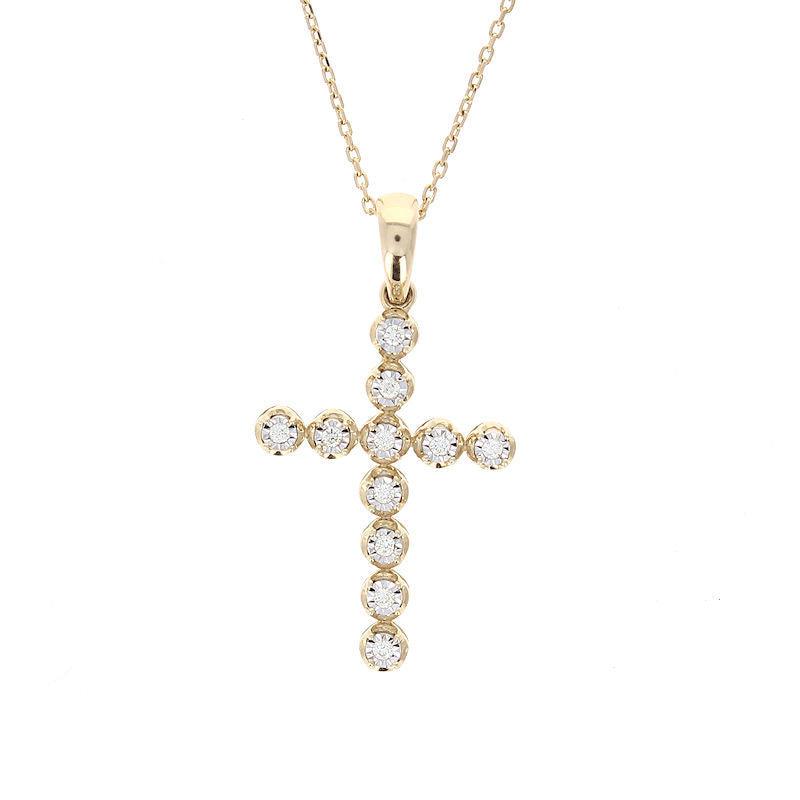Ladies 14kt Yellow Gold 0.09cts Diamond Cross Pendant 18" Long