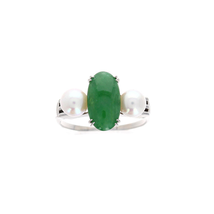 Ladies Platinum Jade and Pearl Ring