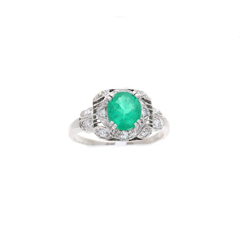 Ladies Platinum 1.10ct Emerald and 0.24cts Diamond Art Deco Ring