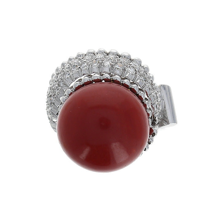 Ladies 18kt White Gold Red Coral and 1.00cts Diamond Ring