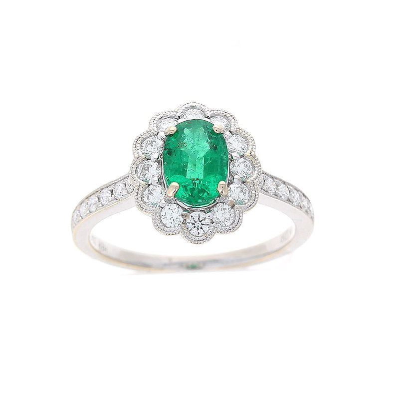 Ladies 14kt White Gold 0.94ct Emerald and 0.48cts Diamond Ring