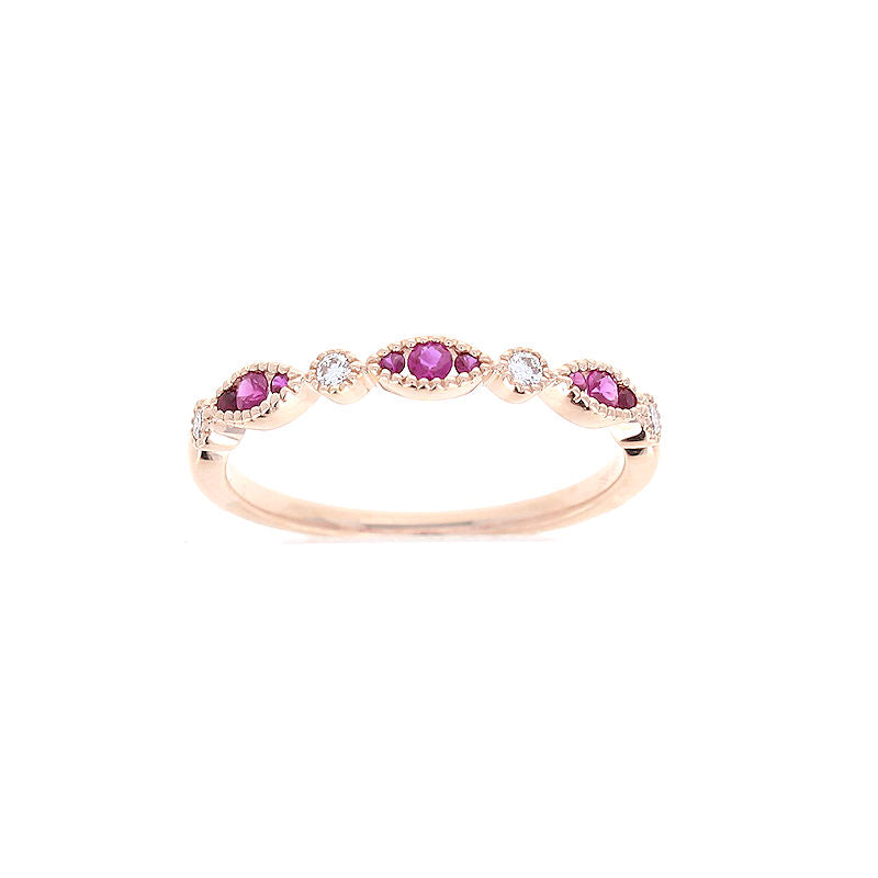 Ladies 14kt Rose Gold 0.15cts Ruby and 0.08cts Diamond Wedding Band By Simon G