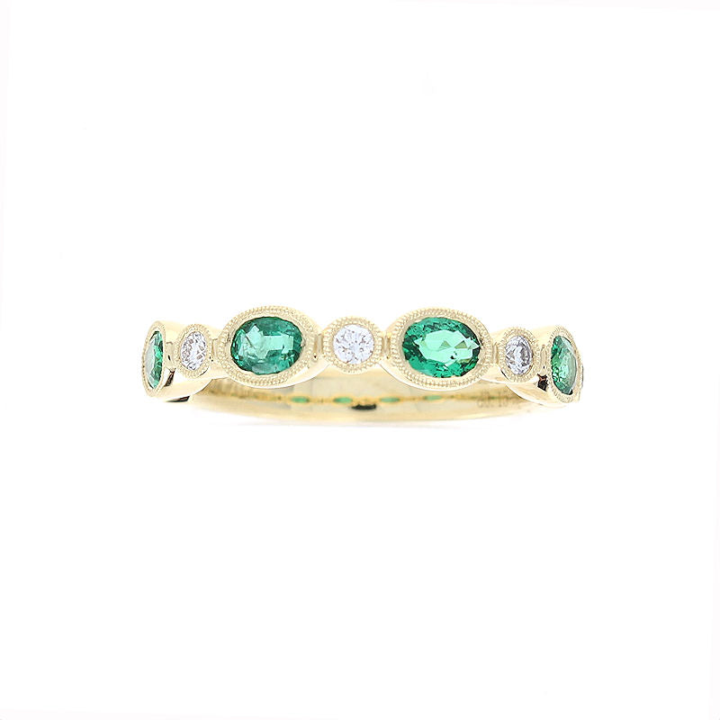 Ladies 18kt Yellow Gold 0.60cts Emerald and 0.15cts Diamond Wedding Band By Simon G