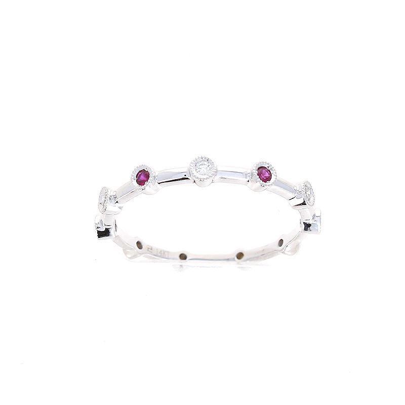 Ladies 14kt White Gold 0.06cts Ruby and 0.04cts Diamond Wedding Band