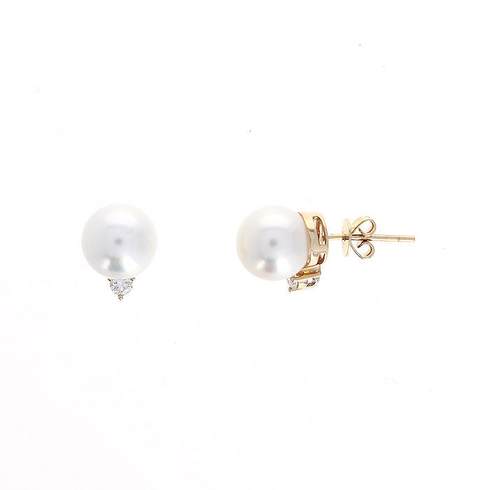 Ladies 14kt Yellow Gold 8.8mm Pearl and Diamond Earrings
