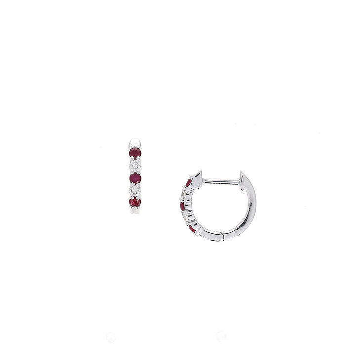 Ladies 14kt White Gold 0.15ct Rubies and 0.10ct Diamond Hoop Earrings