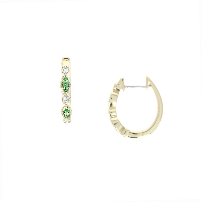 Ladies 14kt Yellow Gold 0.17cts Tsavorite Garnet and 0.12cts Diamond Hoop Earrings