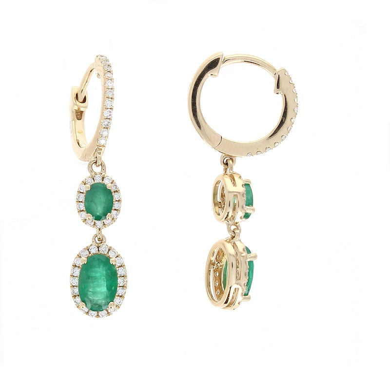 Ladies 14kt Yellow Gold 1.20cts Emerald and 0.30cts Diamond Earrings