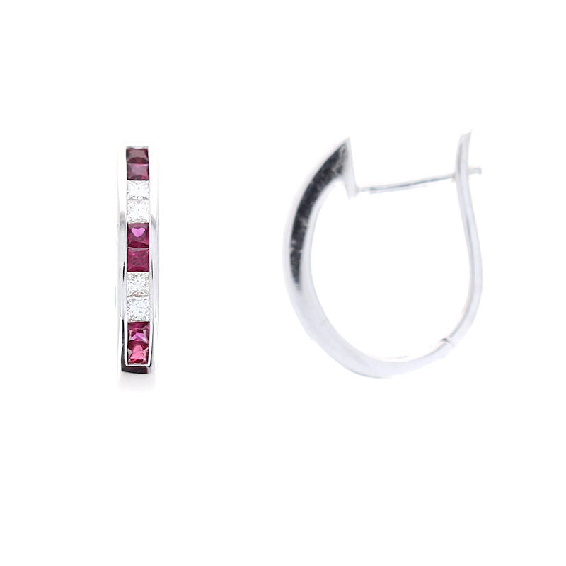 Ladies 14kt White Gold 0.42cts Ruby and 0.23cts Diamond Hoop Earrings
