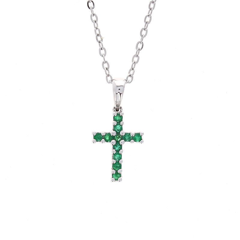 Ladies 14kt White Gold 0.16cts Emerald Cross Pendant