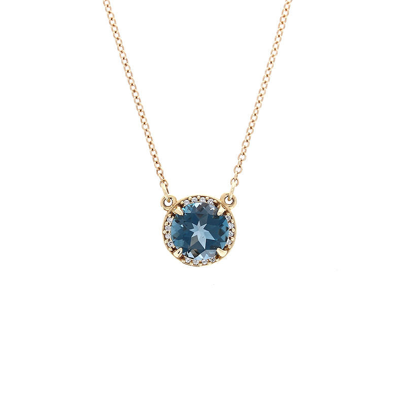 Ladies 14kt Yellow Gold 7mm Blue Topaz and Diamond Necklace