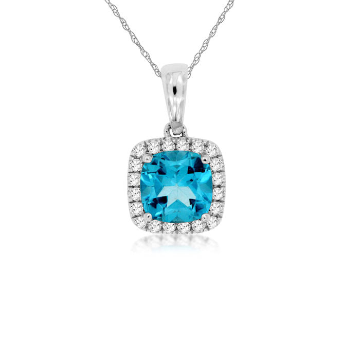 Ladies 14kt White Gold 1.15ct Blue Topaz and 0.11cts Diamond Pendant