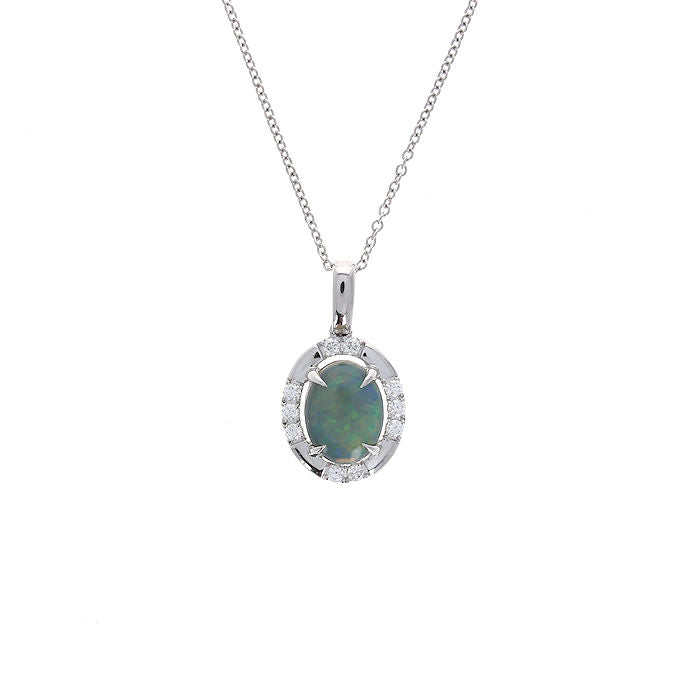 Ladies 14kt White Gold 1.07ct Opal and 0.14cts Diamond Pendant