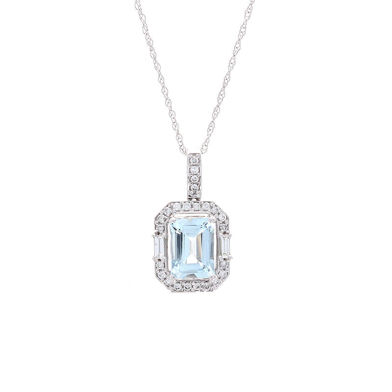 Ladies 14kt White Gold 1.40ct Aquamarine and 0.27cts Diamond Pendant