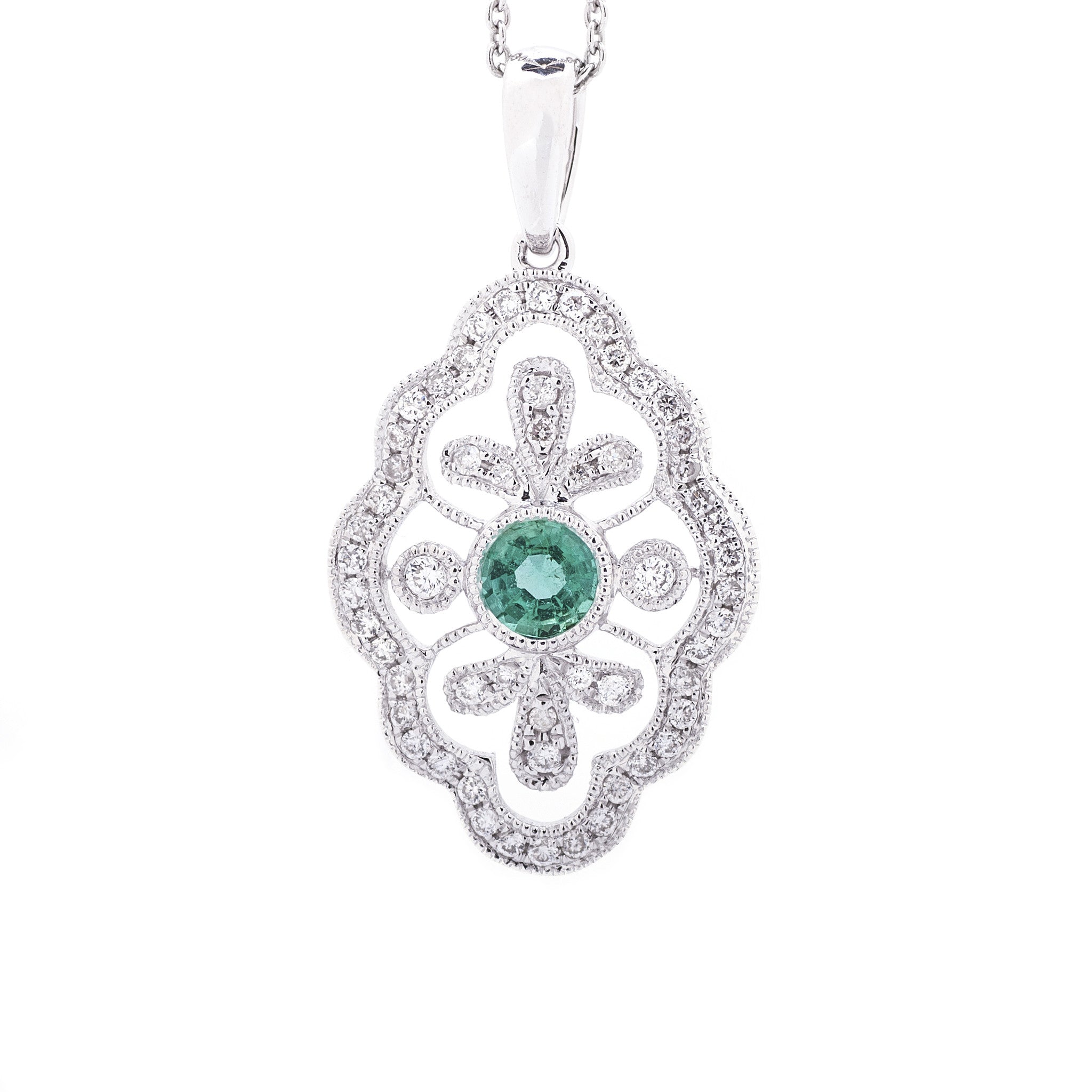 Ladies 14kt White Gold 0.29ct Emerald and 0.27cts Diamond Pendant