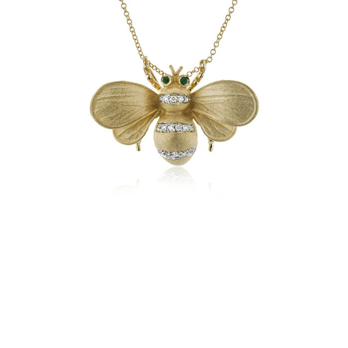 Ladies 18kt Yellow Gold 0.01cts Emerald and 0.07cts Diamond Bumble Bee Pendant by Simon G