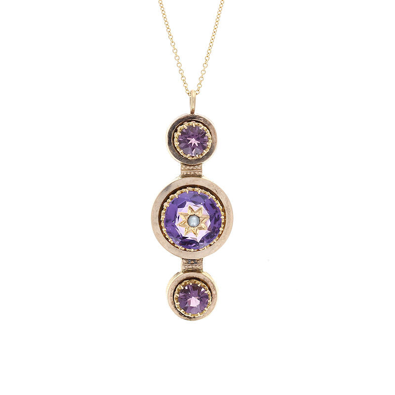 Ladies 14kt Yellow Gold 5.50cts Amethyst and Natural Pearl Pendant Circa 1880