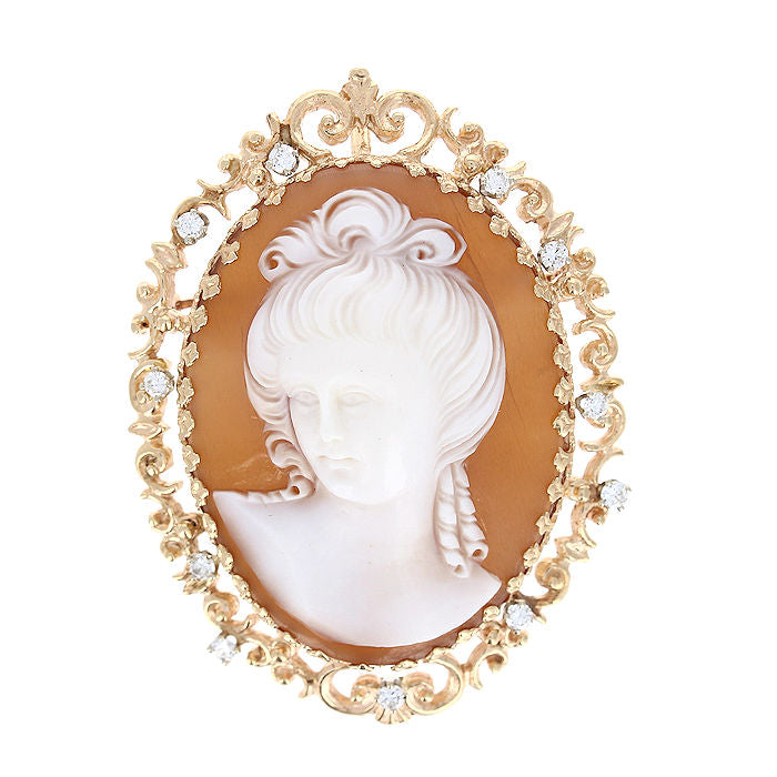 Ladies 14kt Yellow Gold 0.44cts Diamond and Carved Cameo Pendant/Brooch
