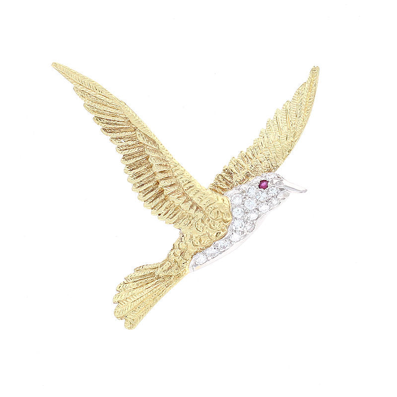 Ladies Platinum and 18kt Yellow Gold Ruby 0.38cts Diamond and 0.03ct Ruby Bird Brooch
