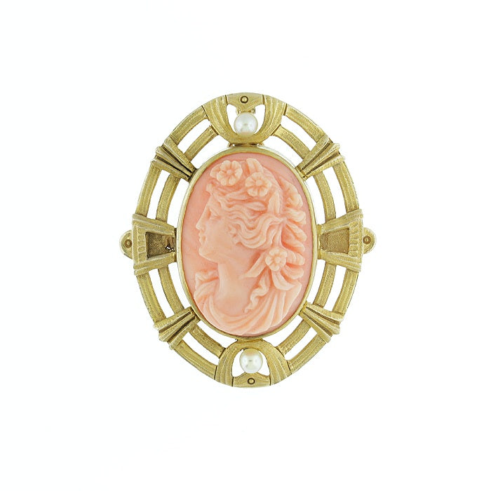 Ladies 14kt Yellow Gold Pearl and Pink Coral Cameo Brooch Circa 1895
