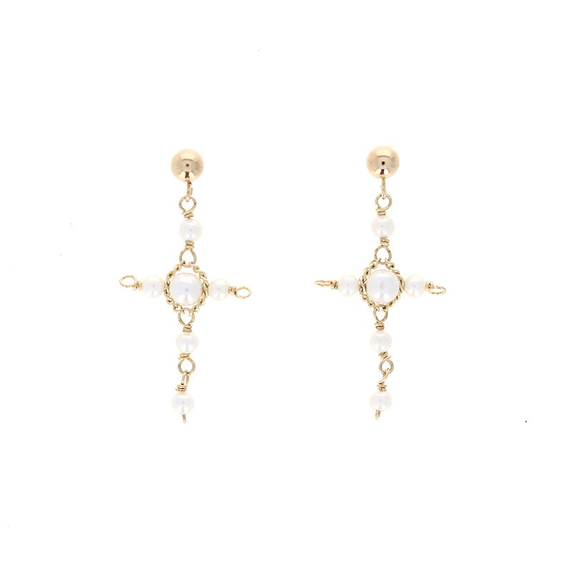 Ladies 14kt Yellow Gold Pearl Cross Earrings