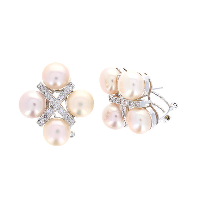 Ladies 14kt White Gold 8-8.3mm Freshwater Pearl and 0.26cts. Diamond Earrings
