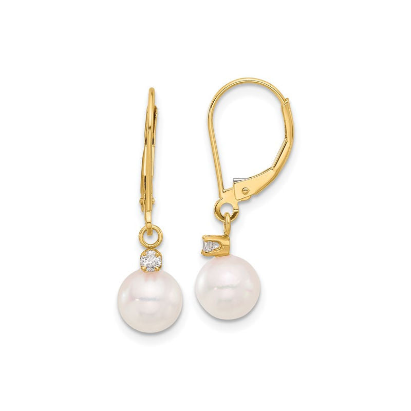 Ladies 14kt Yellow 7mm Pearl and 0.10cts Diamond Earrings
