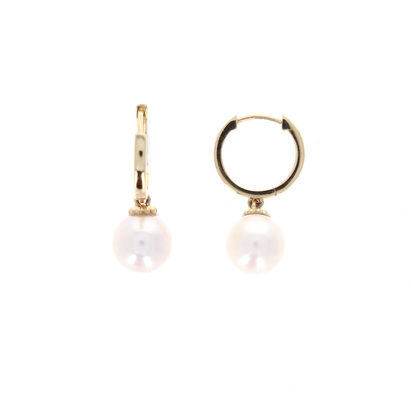 Ladies 14kt Yellow Gold 8mm Saltwater Pearl Hoop Earrings