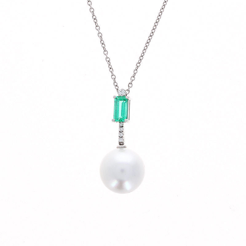 Ladies 14kt White Gold 13mm Pearl, Emerald and Diamond Pendant