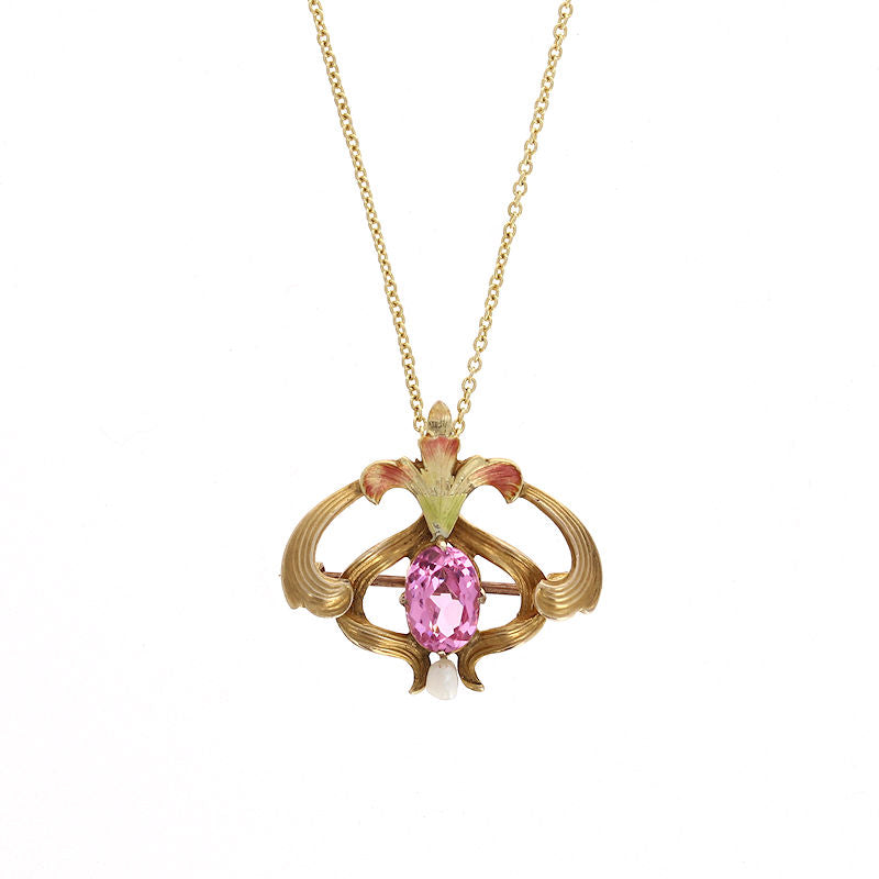 Ladies 10kt and 14kt Yellow Gold Enamelled Pink Sapphire Pearl Necklace Circa 1890