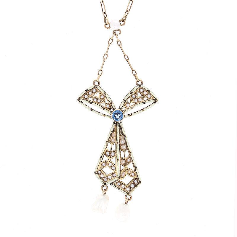 Ladies 14kt Yellow Gold Sapphire and Pearl Pendant Circa 1900