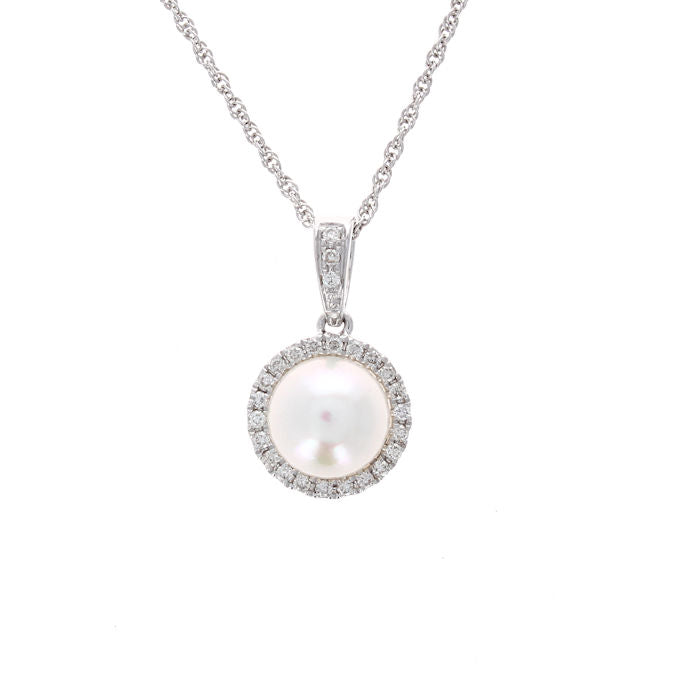 Ladies 14kt White Gold 7.80mm Pearl and Diamond Pendant