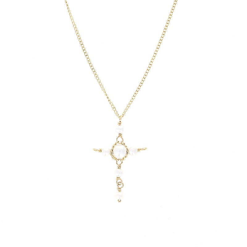 Ladies 14kt Yellow Gold Saltwater Pearl Cross Pendant