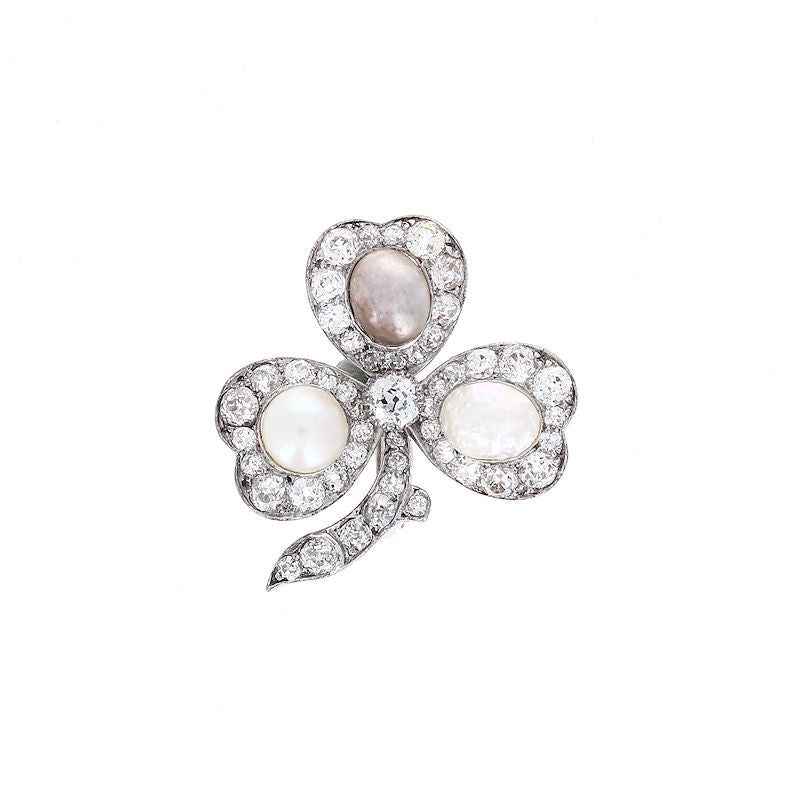Ladies Platinum Over Gold 6-8mm Natural Pearl and 2.61cts Diamond Antique Victorian Brooch