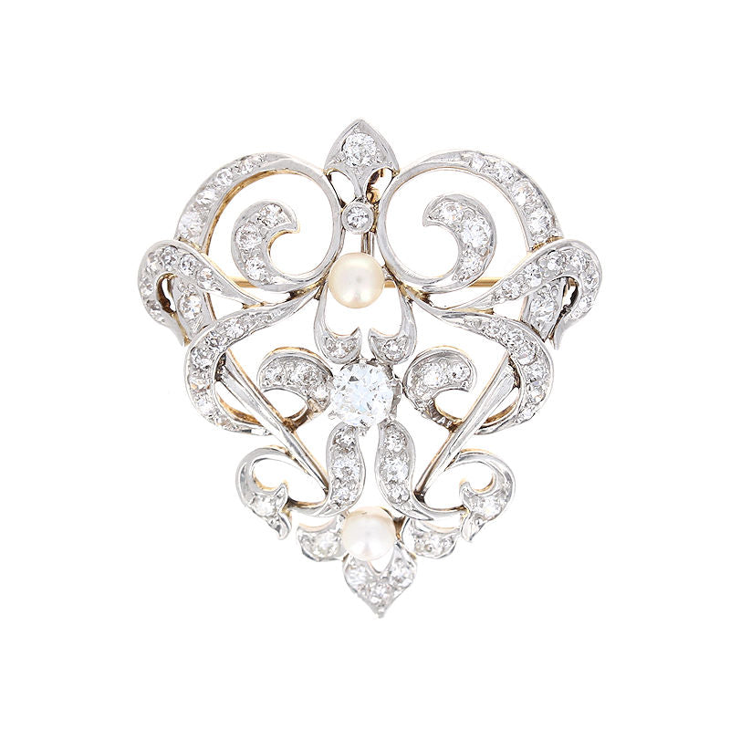 Ladies 18kt Yellow Gold And Platinum Pearl and 2.12cts Diamond Brooch Circa 1900
