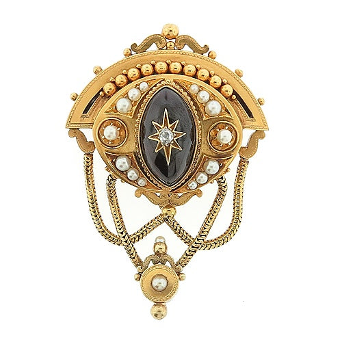 Ladies 14kt Yellow Gold Pearl, Diamond, and 16.00ct Garnet Brooch Circa 1870