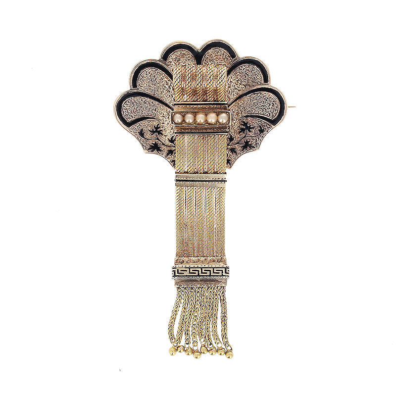 Ladies 14kt Yellow Gold Pearl and Enamel Brooch Circa 1895