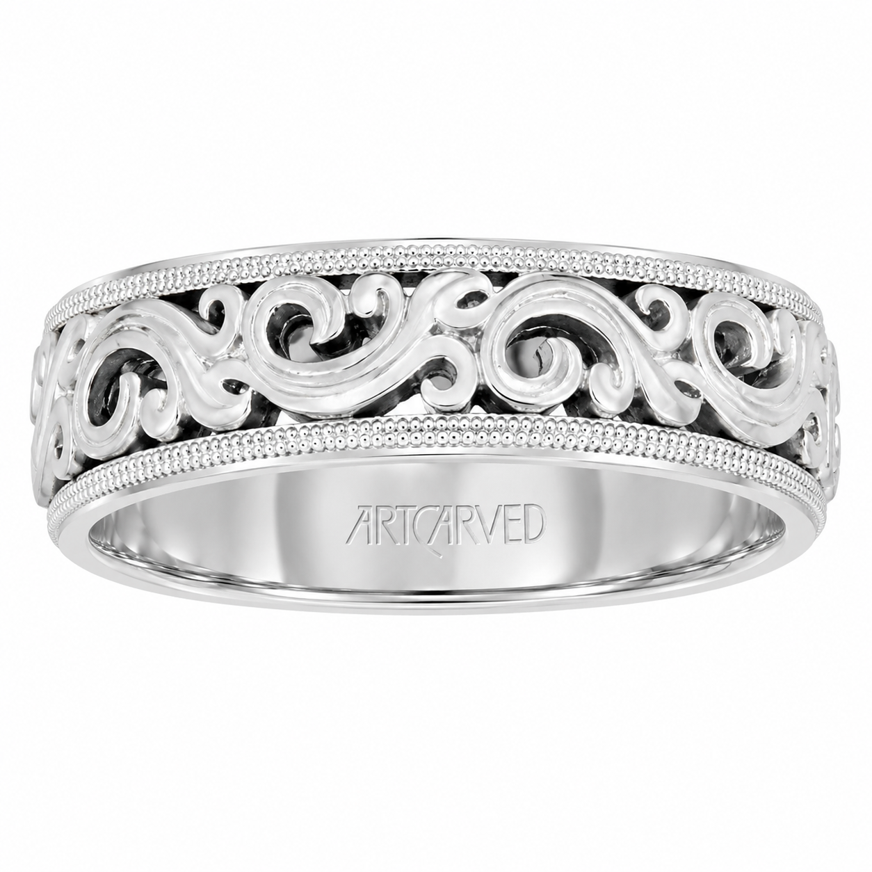 Mens 14kt White Gold 7.5mm Cut-Out Scroll Wedding Band