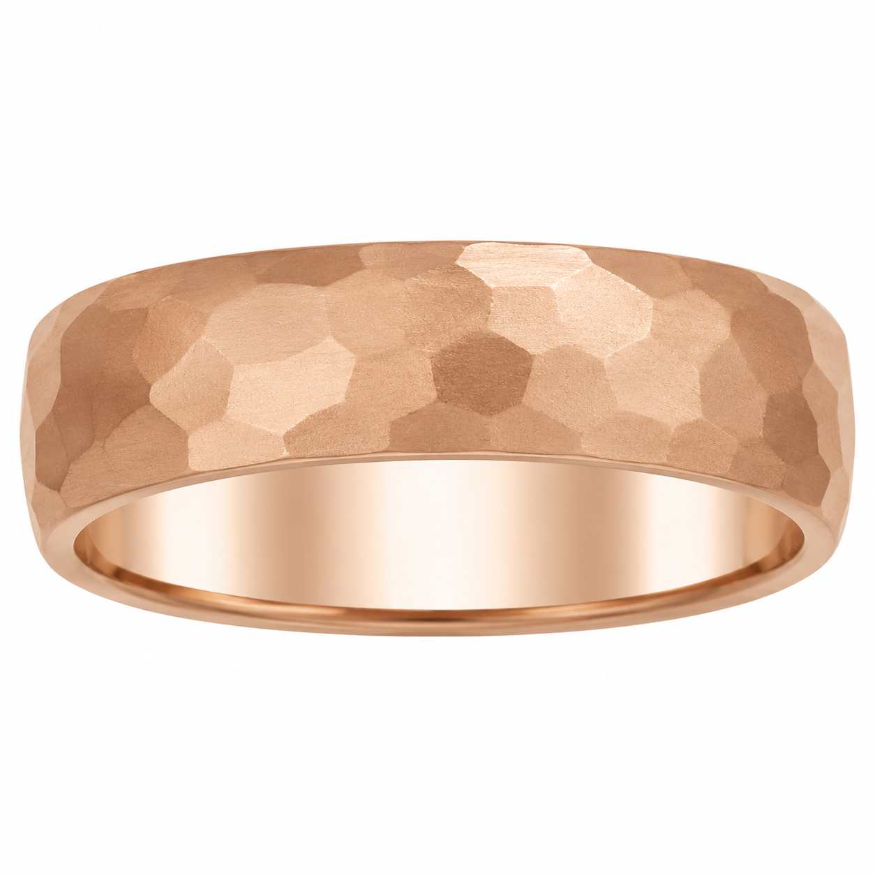 Mens 14kt Rose Gold 7mm Satin Hammered Wedding Band