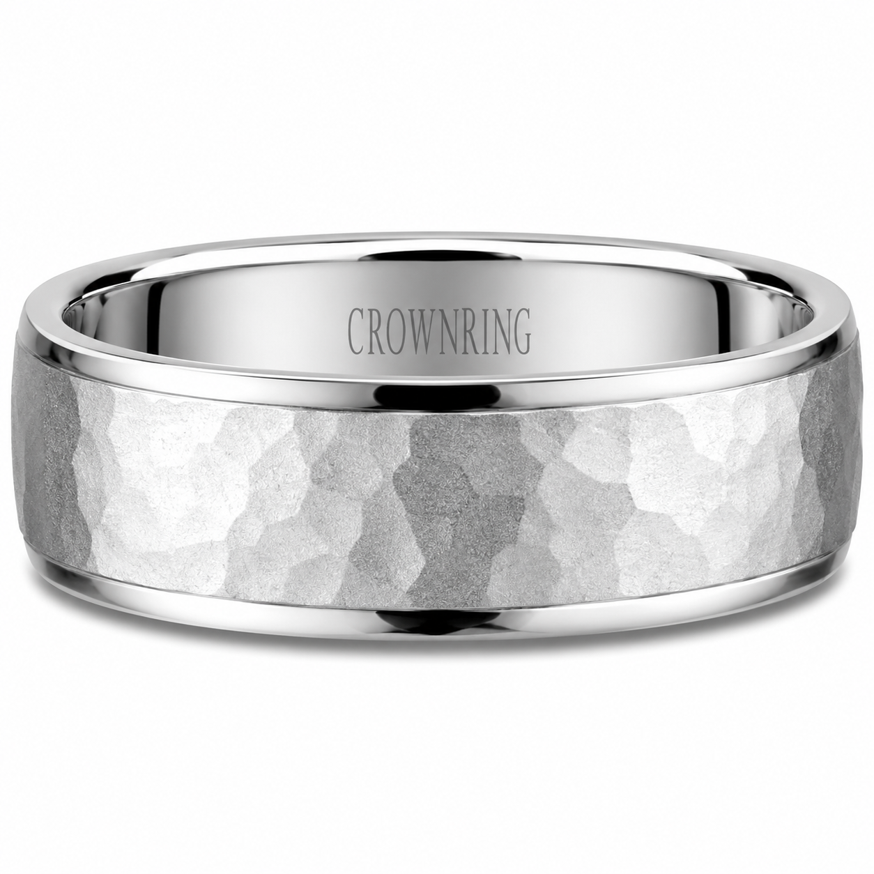 Mens 14kt White Gold 8mm Hammered Wedding Band