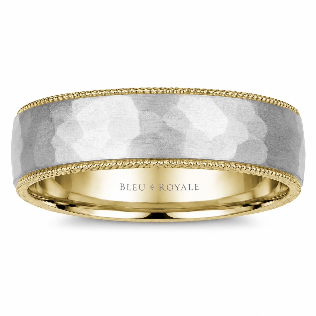 Mens 14kt Two Tone 7.5mm Hammered Wedding Band
