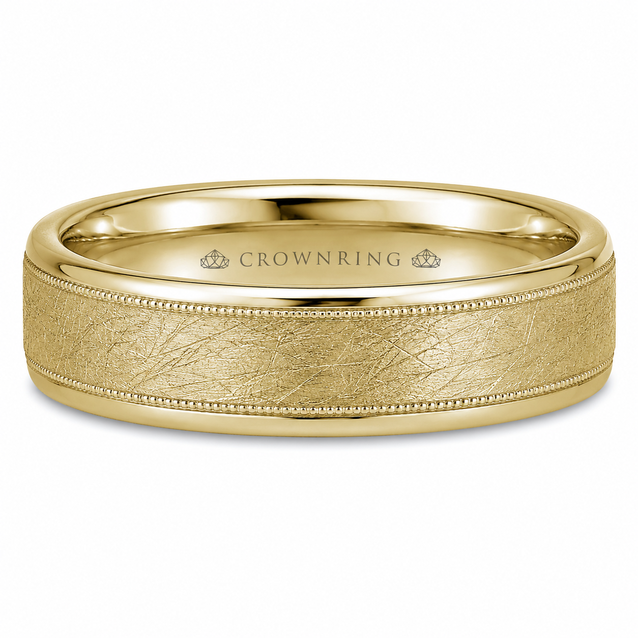 Mens 14kt Yellow Gold 6mm Diamond Brush Milgrain Wedding Band